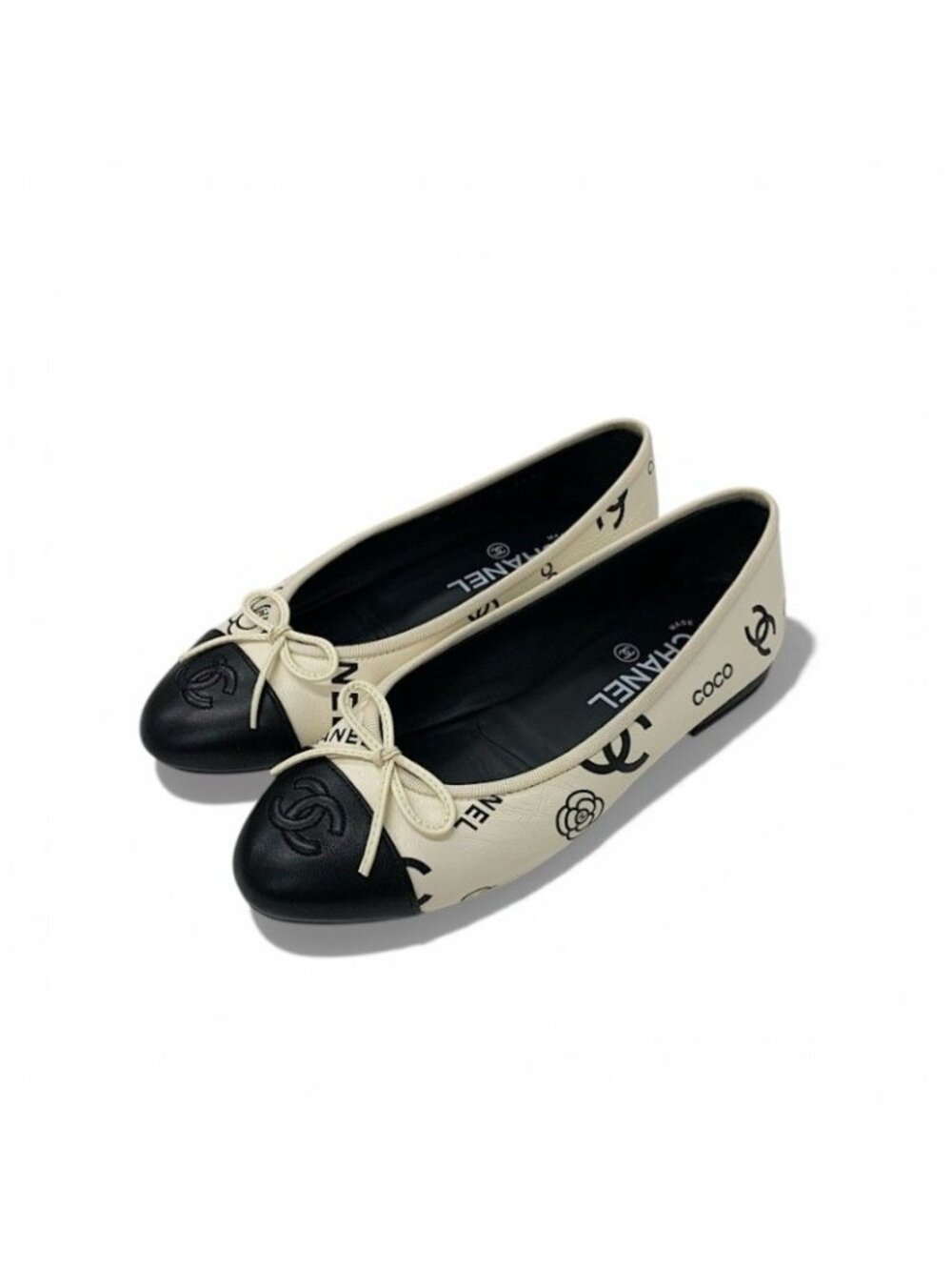 Chanel Flat Shoes Lambskin White Black Ballerina CC Logo Camellia Ribbon Ballet